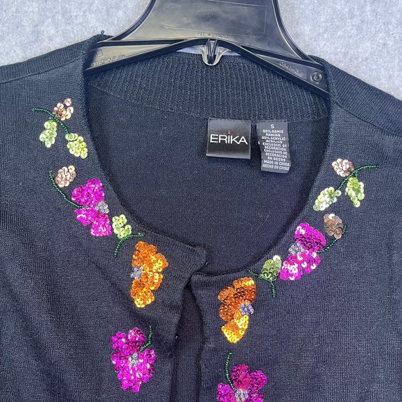 Erika Cardigan Sweater Women's Small Black Floral Sequin Open Long Sleeve Blend‎ - Picture 2 of 7